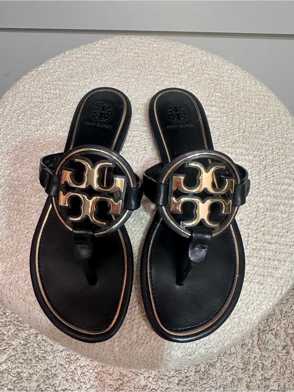 Tory Burch Black Leather Thong Sandals with Gold Logo Medallion